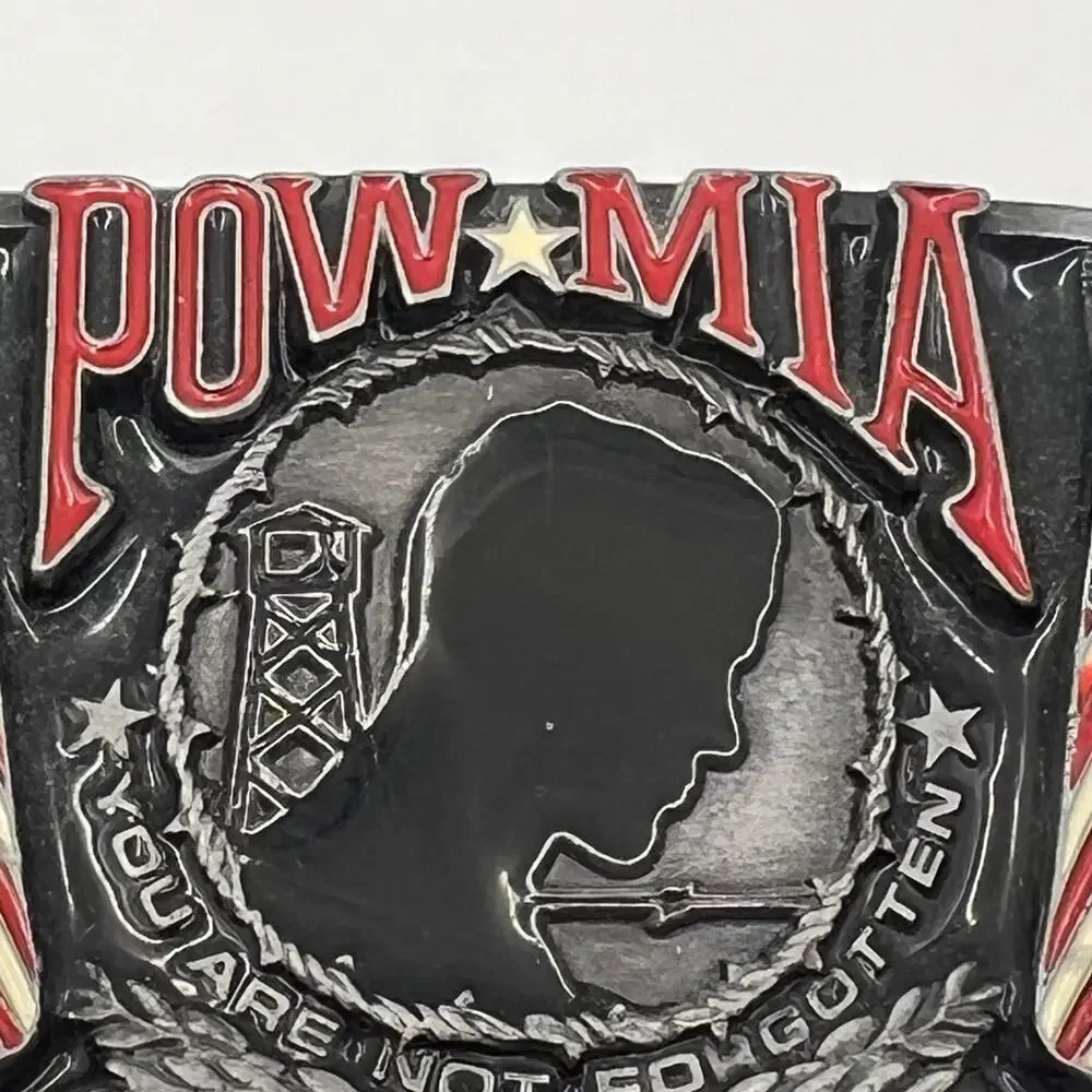 VTG POW MIA Belt Buckle You Are Not Forgotten Military Bergamot Pewter Enamel